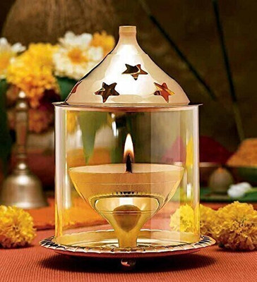 T-KA108 Brass Akhand Diya with Borosilicate Glass (HEIGHT - 6 INCH) Brass Table Diya Set(Height: 4.5 inch)