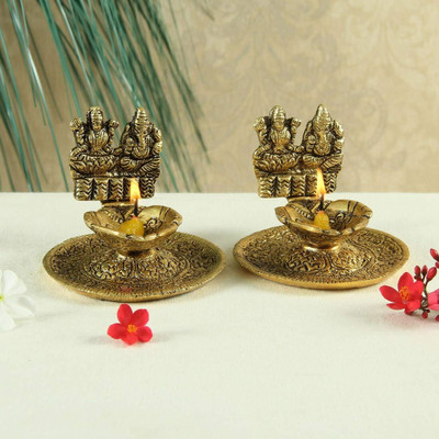 inDecor Diya for Puja, Laxmi Ganesh Deepak, Lakshmi Ganesh Diya Oil Lamp Diya Set of 2 Aluminium (Pack of 2) Table Diya Set(Height: 3 inch)