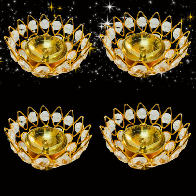 sanskaari BIG SIZE Akhand Lotus/Kamal Diya | Diamond Crystal Deepak/Dia Crystal Table Diya(Height: 3 inch)