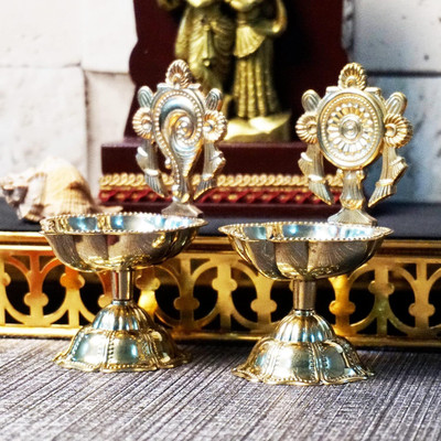 T-KA108 Diya for Puja | Pooja-Shanku Chakra Star Diya Set (Medium) Brass (Pack of 2) Table Diya(Height: 4.3 inch)