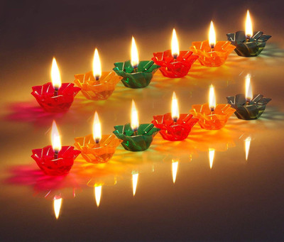 kayru 12 Pcs Designer Transparent and Reusable Diya,3D Reflection Diya Plastic (Pack of 12) Table Diya Set(Height: 2 inch)
