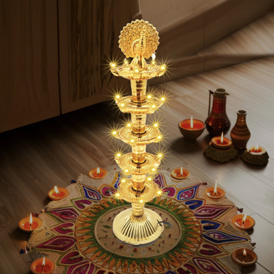 HarekMal LED Gold 5-Layer Diya Deepak for Diwali and Home Temple Decor Plastic Table Diya Set(Height: 16 inch)
