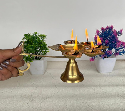 salvusappsolutions Traditional Brass Panchmukhi Deepak/Diya with Handle & 5 Wicks for Pooja/Aarti & Table, Home-Temple Decor Brass Table Diya(Height: 4 inch)