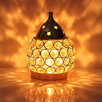 SAARTHI Brass Crystal Oil Lamp Tea Light Holder Lantern Oval Shape Brass Table Diya(Height: 4 inch)