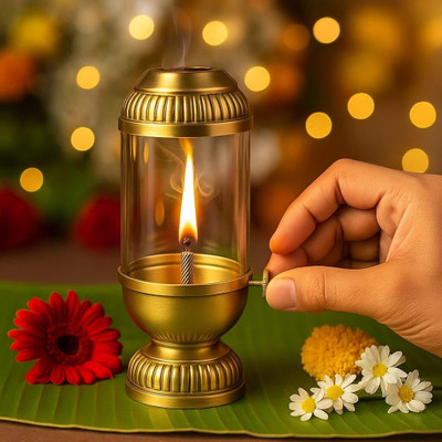 phical art Designer Akhand Diya for Home and Puja room Iron, Glass Table Diya Iron Table Diya(Height: 5 inch)
