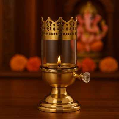 Pure Source (India) Akhand Diya 9 Inch with Glass Chimney | Long-Lasting Oil Lamp for Pooja Brass, Glass Table Diya(Height: 9 inch)
