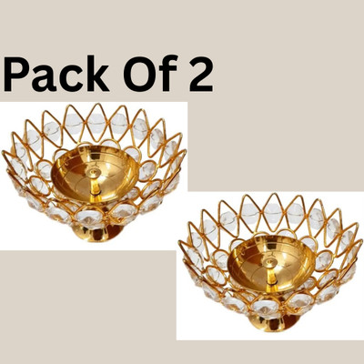 DARIDRA BHANJAN Crystal lotus diya, Deepak/Dia Diya for Pooja Pack of 2 Brass (Pack of 2) Table Diya Set(Height: 3 inch)