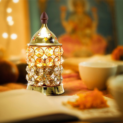T-KA108 Crystal Deep Medium | Diamond Crystal Deepak/Dia Brass Table Diya(Height: 6 inch)