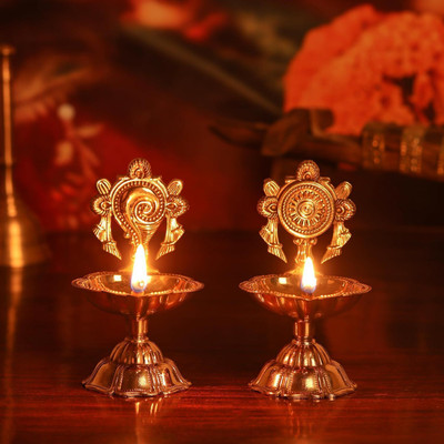ONLYBOTTOM Diya for Puja Arti Deepak Deepam Oil Lamp-Shanku Chakra Vilakku Brass Table Diya Set(Height: 4.5 inch)