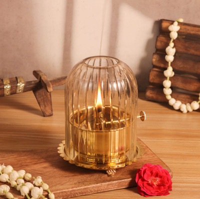 ALTINORA Modern design Akhand Jyot Diya Brass, Borosilicate Glass Table Diya(Height: 6.5 inch)