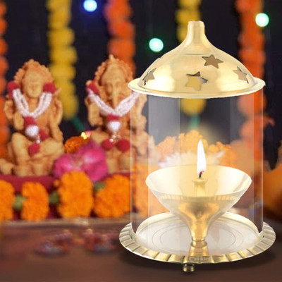 Effigy Onlinehub Akhand Diya With Cylinderical Borosilicate Glass Decorative for Pooja X-Large Brass, Borosilicate Glass Table Diya(Height: 6 inch)