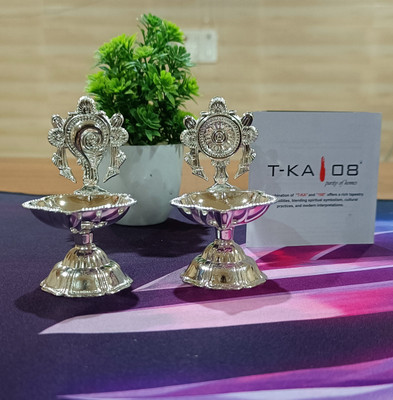 T-KA108 German Silver Diya for Puja Arti Deepak Deepam Oil Lamp-Shanku Chakra Vilakku Brass (Pack of 2) Table Diya Set(Height: 3.3 inch)