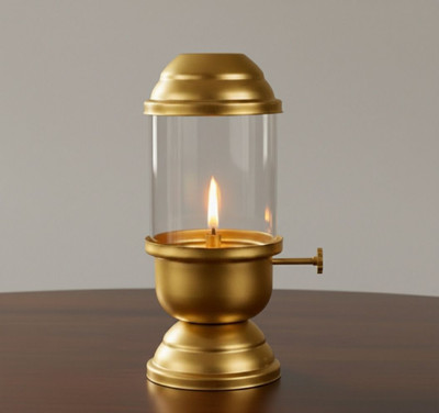 Sepreta Akhand Jyot Diya with Adjustable Knob, 75ml (Small) Brass, Glass, Iron Table Diya(Height: 4 inch)