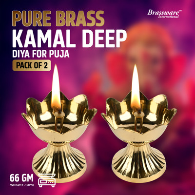 Brassware International Pure Brass Kamal Deep Diya for Puja | Oil Lamp | Set of 2 | XS Size 66 gm/piece Brass (Pack of 2) Table Diya(Height: 2.5 inch)