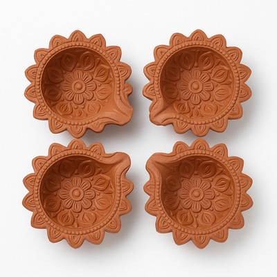 TheGiftSqure Handcrafted Terracotta Clay Diya Set (4 Pcs) - Flower Design Terracotta (Pack of 4) Table Diya Set(Height: 1.57 inch)