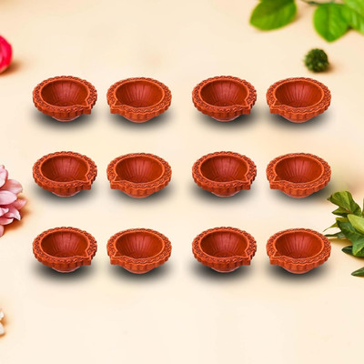 SheTaara Brown Decorative Clay Diya for Diwali Pottery (Pack of 12) Table Diya Set(Height: 2 inch)