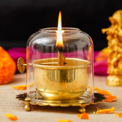 Venkata Durga Fancy Store Brass Akhand Jyot Diya with Adjustable Bati Screw Akhand Diya with Glass Cover Brass, Glass Table Diya(Height: 5 inch)