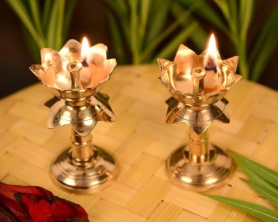 ONLYBOTTOM Flower Shape Akhand Deep Traditional Akhand Pyali Oil Lamp for Puja Brass (Pack of 2) Table Diya(Height: 5 inch)