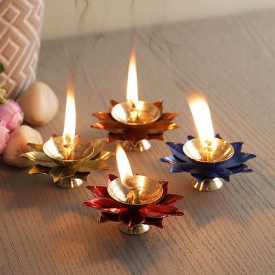 Srajan Creation Brass Lotus/Kamal Shape Deepak, Diya | Brass (Pack of 4) Table Diya Set(Height: 3 inch)