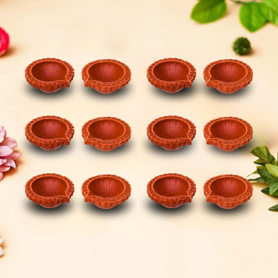 eCraftIndia Set of 12 Decorative Clay Diyas Deepam Oil Lamps, Mitti Diya for Diwali Plastic (Pack of 12) Table Diya(Height: 3 inch)