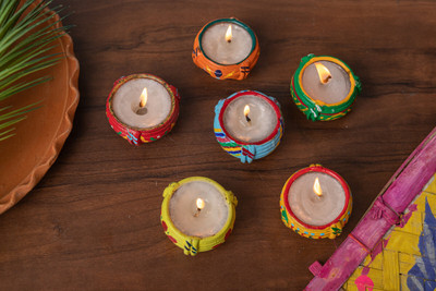 Karru Krafft Karru Krafft SUBH LABH Diya Clay Wax Diya set of 6 for Diwali Lighting Terracotta Table Diya Set(Height: 4 inch)