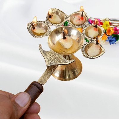 DARIDRA BHANJAN Primium Quality Wooden Handle Panchaarti diya, Brass diya, Diya for Puja Brass Table Diya(Height: 3 inch)