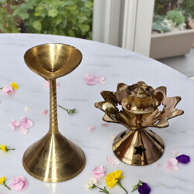Divine Bazaar Brass (Pack of 2) Table Diya Set(Height: 3.93 inch)