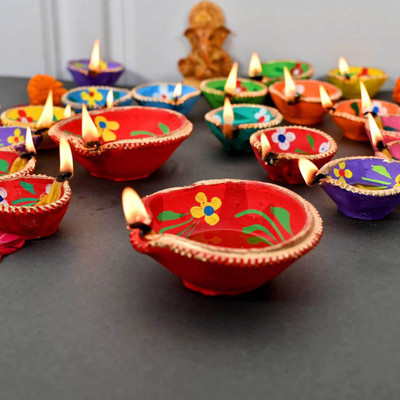 Yasrean Terracotta, Earthenware Table Diya Set(Height: 1.3 inch)