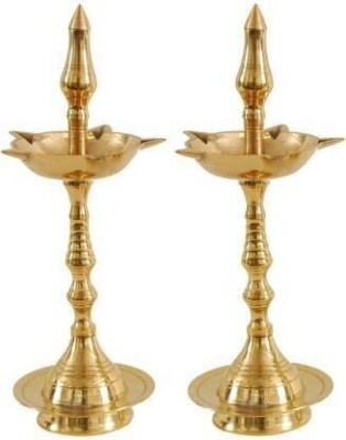 RUDRAKSH Traditional Brass Kerala Kuthu Vilakku Fancy Diya Brass (Pack of 2) Table Diya Set(Height: 12.1 inch)