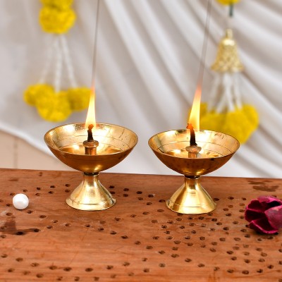 CraftVatika (Set of 2) Brass Diya Handmade Oil Lamp for Diwali Decoration Brass (Pack of 2) Table Diya Set(Height: 1.6 inch)