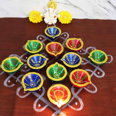 Spillbox Terracotta Colorful Earthen ClayDiya Sparkle-Set of12|Decorative Diya for Diwali Terracotta (Pack of 12) Table Diya Set(Height: 1.1 inch)
