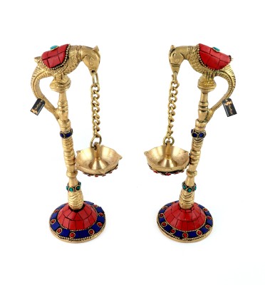 Two Moustaches Gemstone Finish Parrot Design Brass (Pack of 2) Table Diya Set(Height: 7.5 inch)