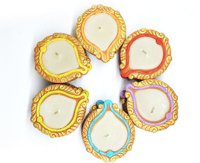 CRAFTLIPI Handmade Motiff Bankura Diya Wax Filled Candles Set of 12 Home Decor Diya Terracotta (Pack of 12) Table Diya Set(Height: 1 inch)