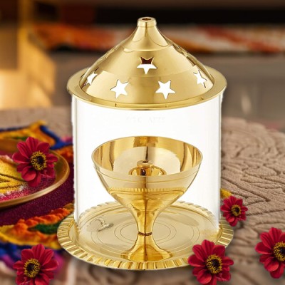 Rudram Brass Diya With Glass Diwali Navratri Special Brass Table Diya(Height: 5 inch)