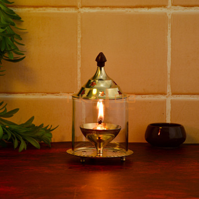 T-KA108 Brass Akhand Diya with Borosilicate Glass Brass Table Diya Set Brass Table Diya(Height: 7.67 inch)