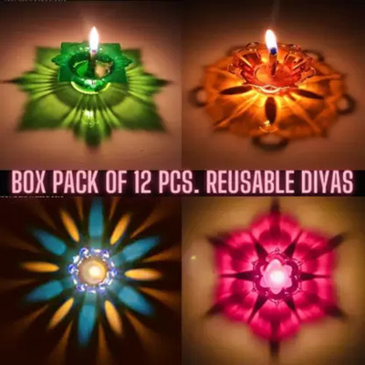 Rufous GlowSphere 3D Diya/WIth 12 multicolore diya/12wick Plastic (Pack of 12) Table Diya Set(Height: 1.2 inch)