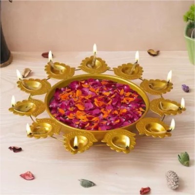 JaipurCrafts Diya Shape Flower Decorative Urli Bowl for Home Handcrafted Bowl Iron Table Diya Set(Height: 14 inch)