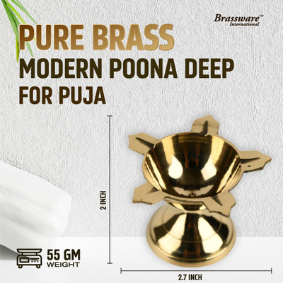 Brassware International Pure Brass Modern Poona Deep for Puja | S Size 55 gm Brass Table Diya(Height: 2 inch)