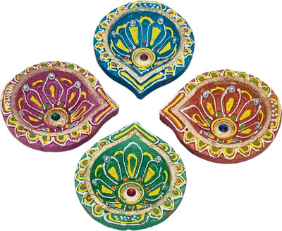 VEGAN Terracotta Handicraft’s Clay Decorative Colorful Diya/Diwali Diya/Puja Diya Terracotta (Pack of 4) Table Diya Set(Height: 3.5 inch)