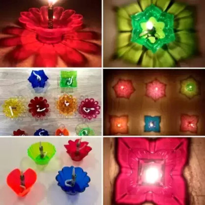 Da Novira Designer Multi Shape Transparent Reusable Oil Diya with 3D Reflection Pack of 24 Plastic (Pack of 24) Table Diya Set(Height: 1.5 inch)