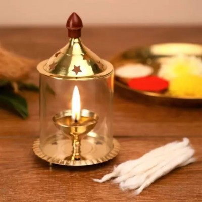 ZUNISHOP Brass Akhand Diya with Glass Cover/Akhand Diya/Jyoti Diya/Oil Puja Lamp/ Brass, Glass Table Diya(Height: 5.5 inch)