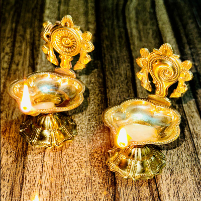 GOOD LUCK HANDICRAFTS SHANKU CHAKRA Brass (Pack of 2) Table Diya Set(Height: 3.5 inch)