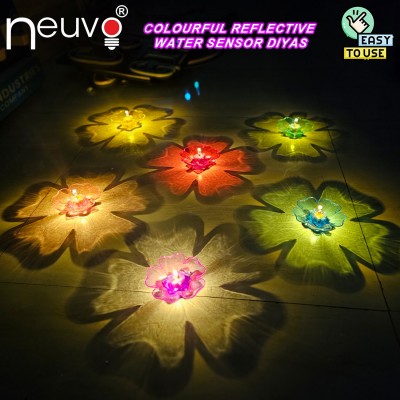 NEUVO Reflection LED 3D Flower Diya Crystal Water Sensor Diya Floating Diwali E-diya Crystal (Pack of 6) Table Diya(Height: 3 inch)