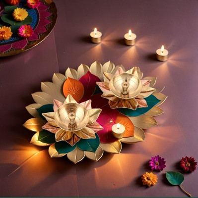 CraftVatika Akhand Diya for Pooja Oil Lamp Kamal Lotus Shape/Small Antique Finish Brass (Pack of 2) Table Diya Set(Height: 1.5 inch)