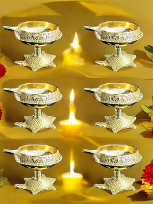 Grehshobha Kuber Diya with Turtle Base | Designer Engraved Diya | Deepak for Diwali Poojan Brass (Pack of 6) Table Diya Set(Height: 2 inch)