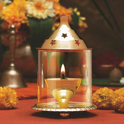 Tannu Craft Akhand Diya Decorative Brass Glass Oil Lamp Brass Table Diya Set(Height: 4 inch)