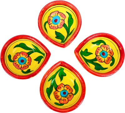 Natriel Handpainted Pottery Diyas by – Colourful Diwali Décor for Any Space Ceramic (Pack of 4) Table Diya(Height: 0.78 inch)