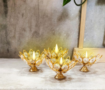 SBBCO Crystal Bowl Round Shape Akhand Diya Lotus Style Lamp Home Decor Brass (Pack of 4) Table Diya(Height: 3 inch)