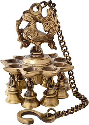 SUSAJJIT DECOR Handicraft Brass Diya Peacock Hanging Lamp or Diya with 9 Wicks and Bells Decorative Hanging Diya Brass Hanging Diya(Height: 60 inch)