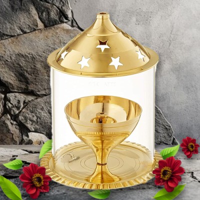 Rudram Diya Akhand Jyoti For Puja Brass Table Diya With Glass Brass Table Diya(Height: 5 inch)